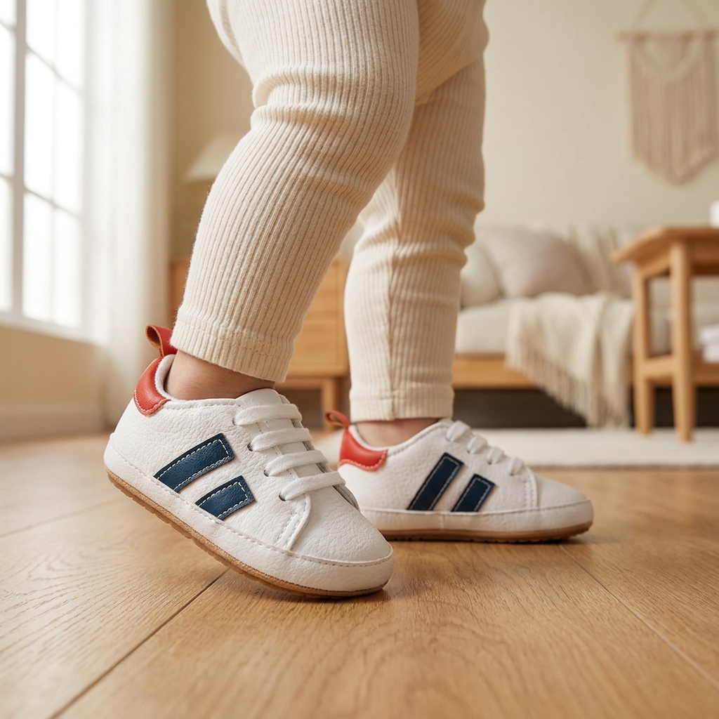 Un bebé da un paso con los zapatos deportiva marino y roja