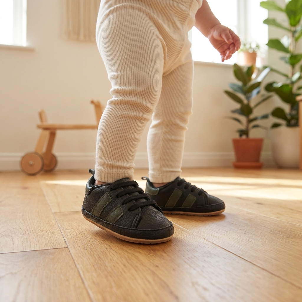 Un bebé da un paso con los zapatos verde militar