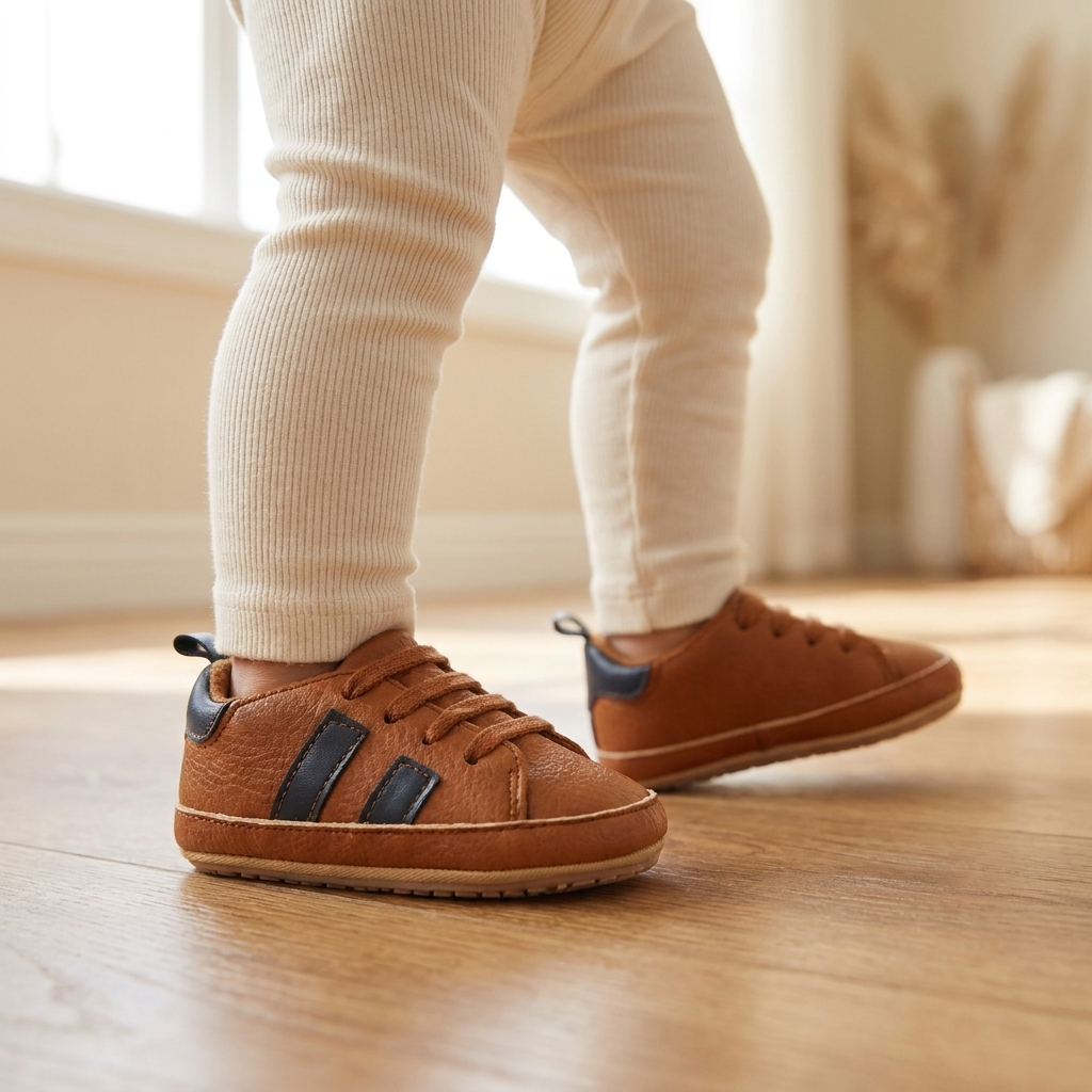 Un bebé da un paso con los zapatos caramelo con cordones