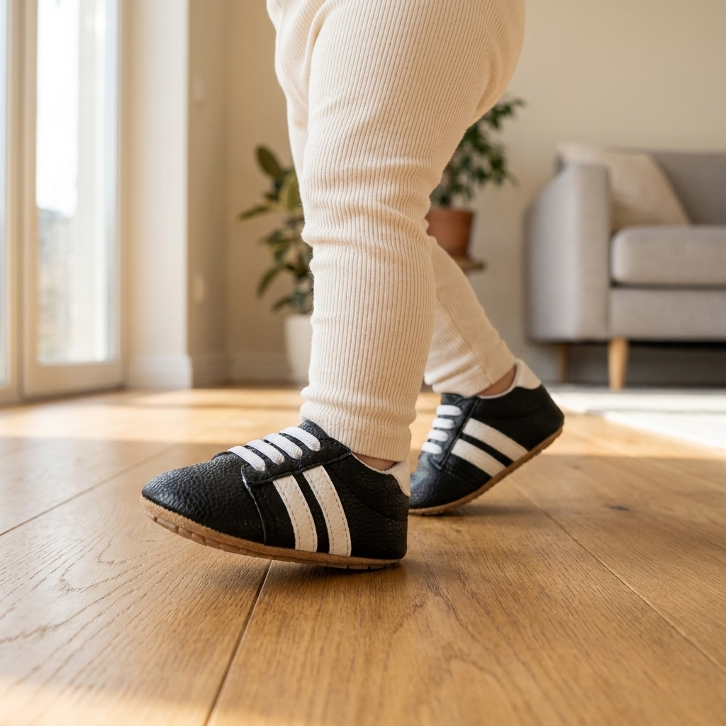 Un bebé da un paso con los zapatos negros de rayas blancas