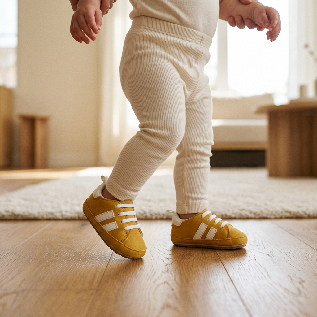 Un bebé da un paso con los zapatos mostaza