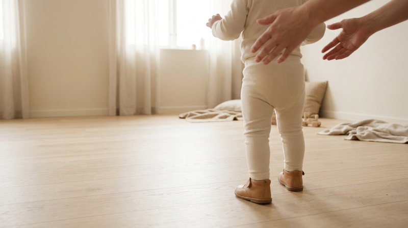Un bebé da sus primeros pasos sobre suelo de madera con las manos de un adulto detrás