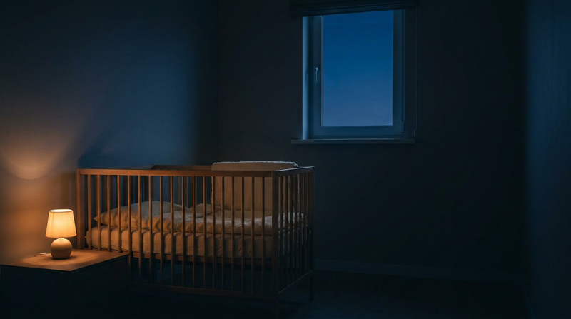 Habitación infantil de noche con una cuna de madera y una luz cálida encendida en la mesita
