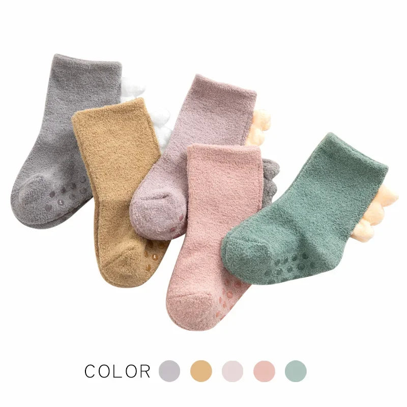 0-36M Autumn Winter Baby Newborn Coral Velvet Dinosaur Socks Boys and Girls Thick Floor Socks Toddler Antislip Warm Sleep Socks