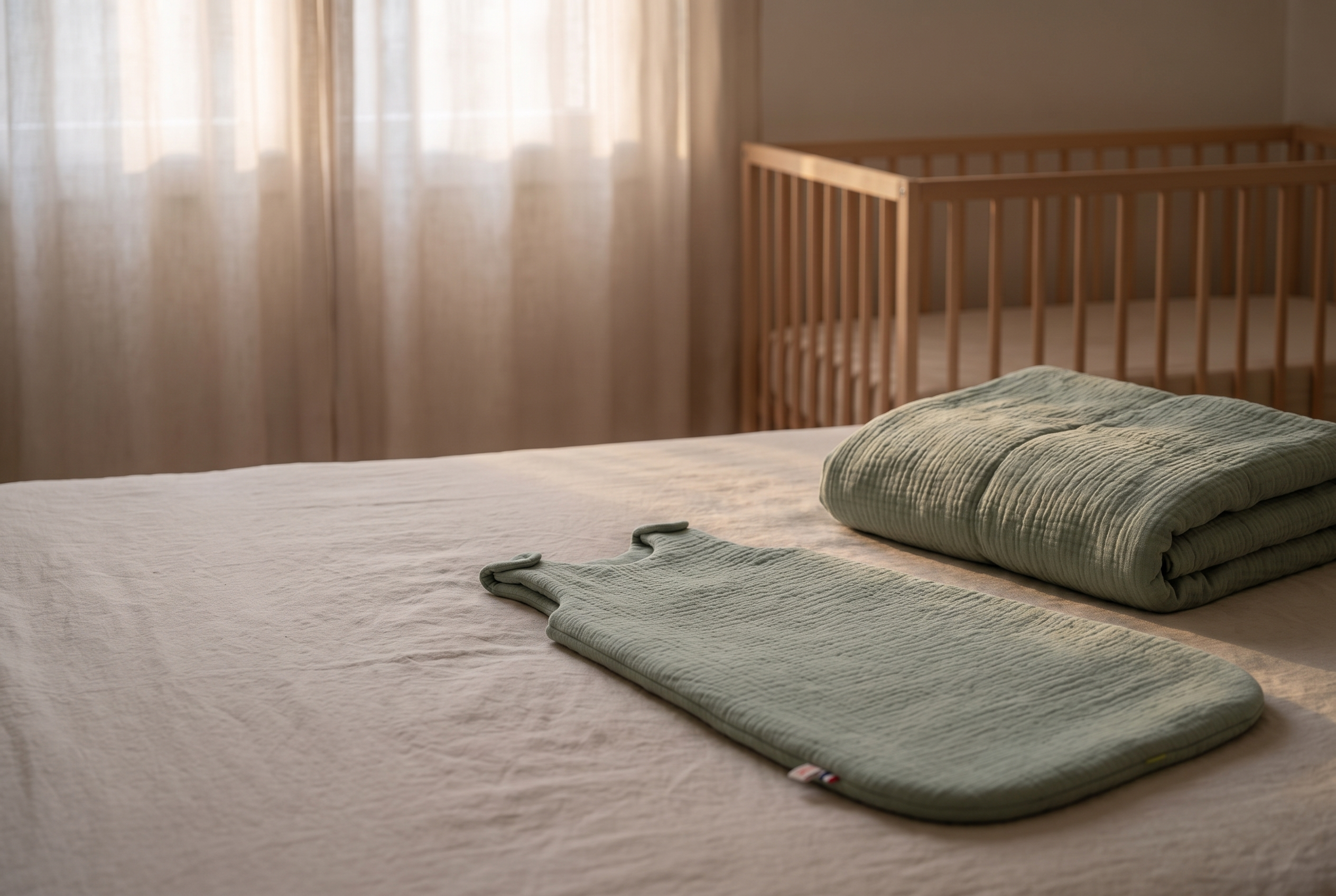 Saco de dormir de invierno verde sobre lino en una habitación de bebé