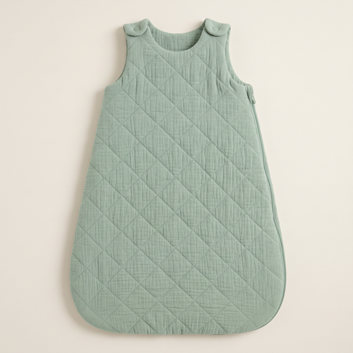 Saco de dormir de invierno acolchado en algodón orgánico verde, con corchetes en los hombros y cremallera lateral