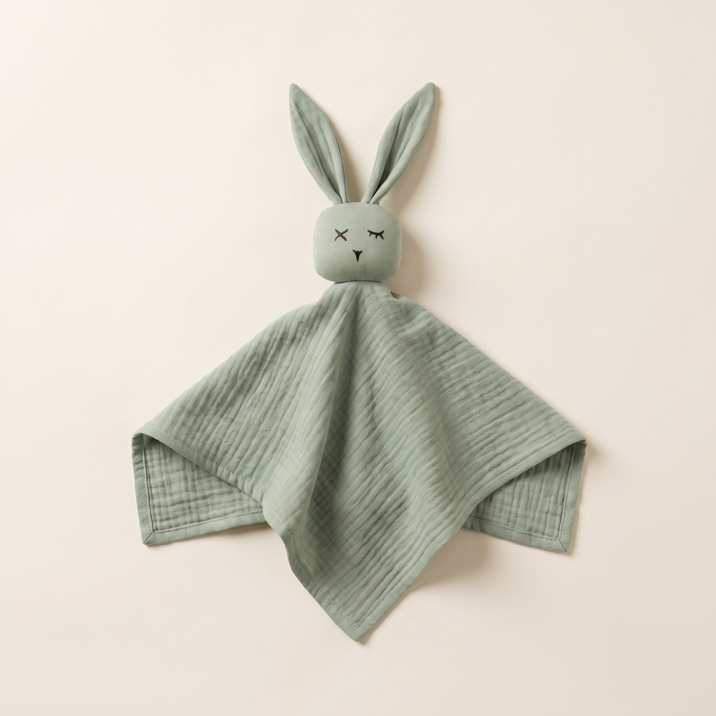 Doudou de gasa de algodón orgánico verde con cabeza de conejo y orejas largas