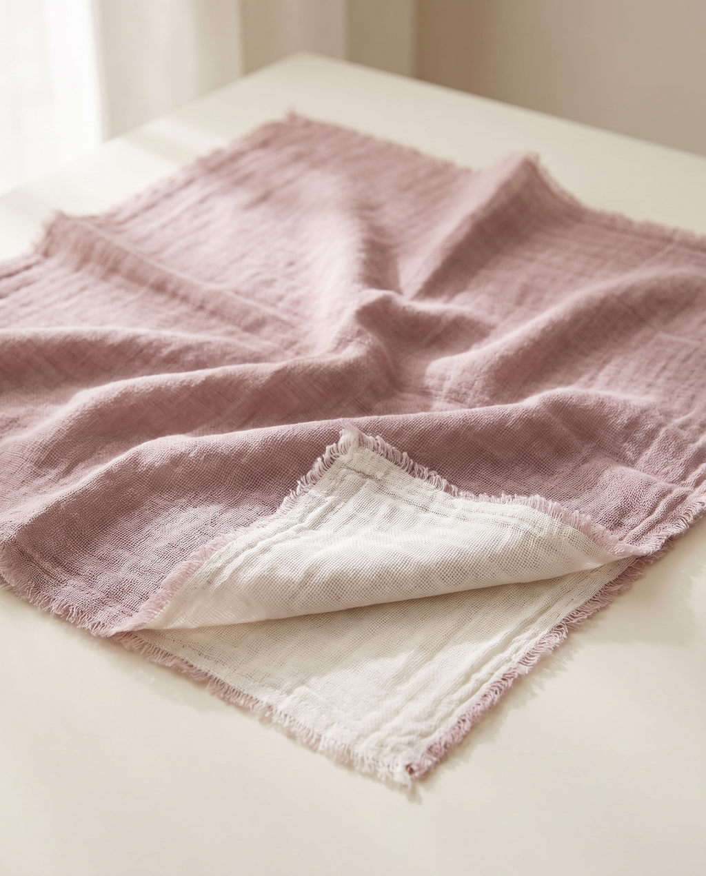 Muselina de bambú rosa extendida con una esquina doblada mostrando otra blanca debajo