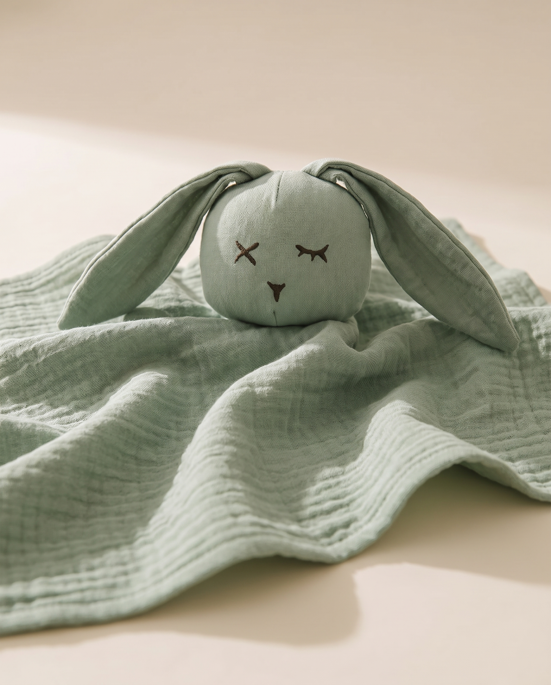 Detalle de la cabeza del conejo del doudou, con las orejas y la carita bordada