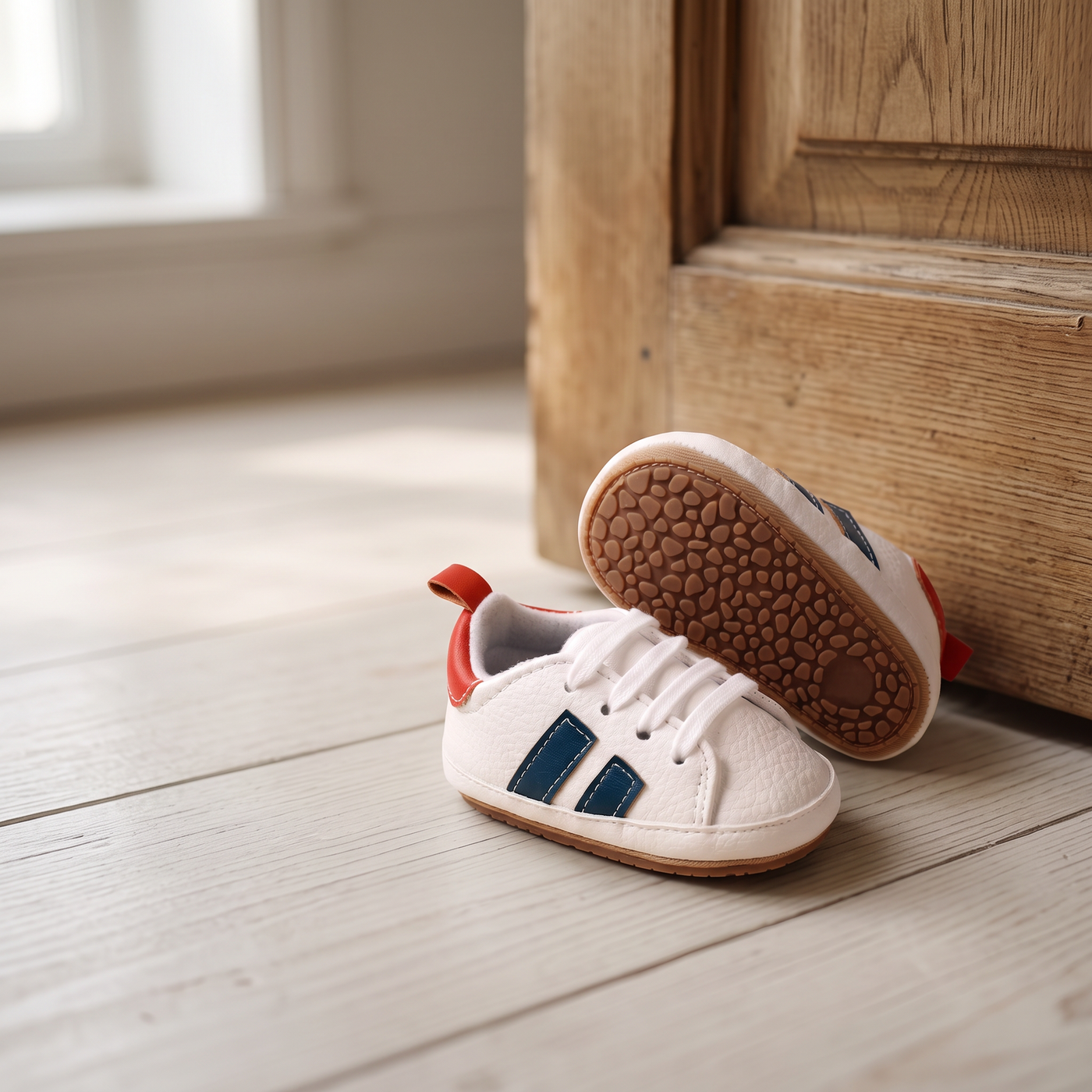 Los zapatos junto a la puerta, sobre suelo de madera