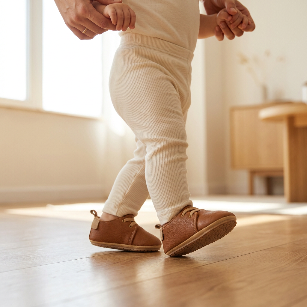 Un bebé da un paso con los zapatos caramelo clásico