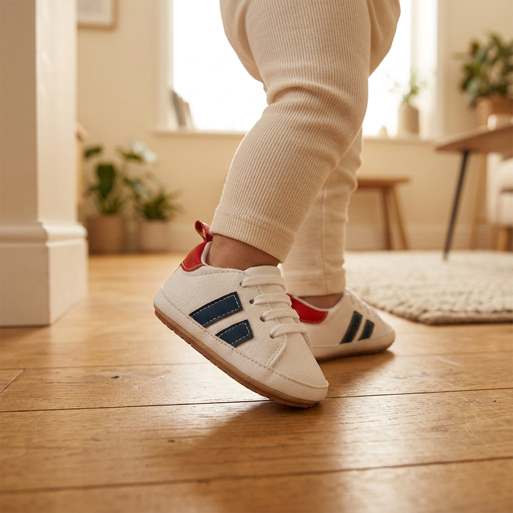 Un bebé da un paso con los zapatos deportiva marino