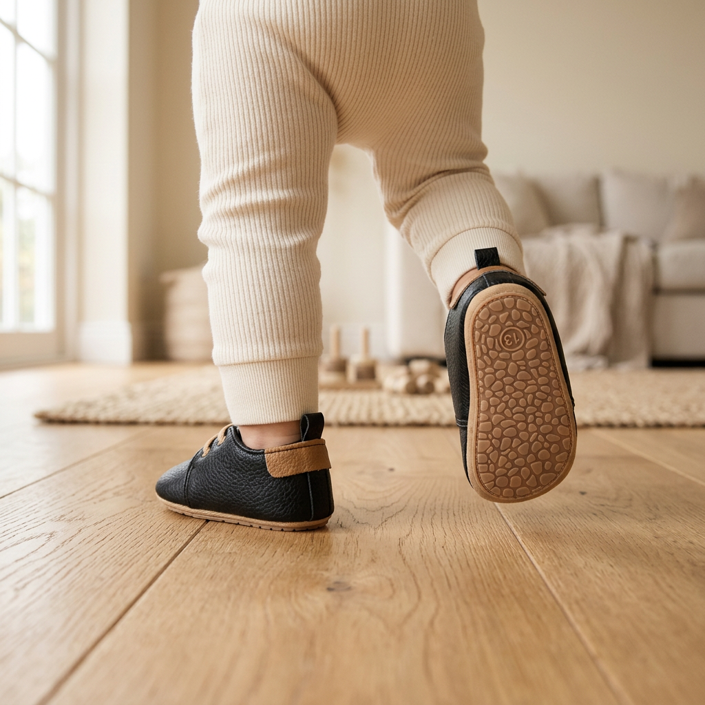Un bebé da un paso con los zapatos negros con cordones