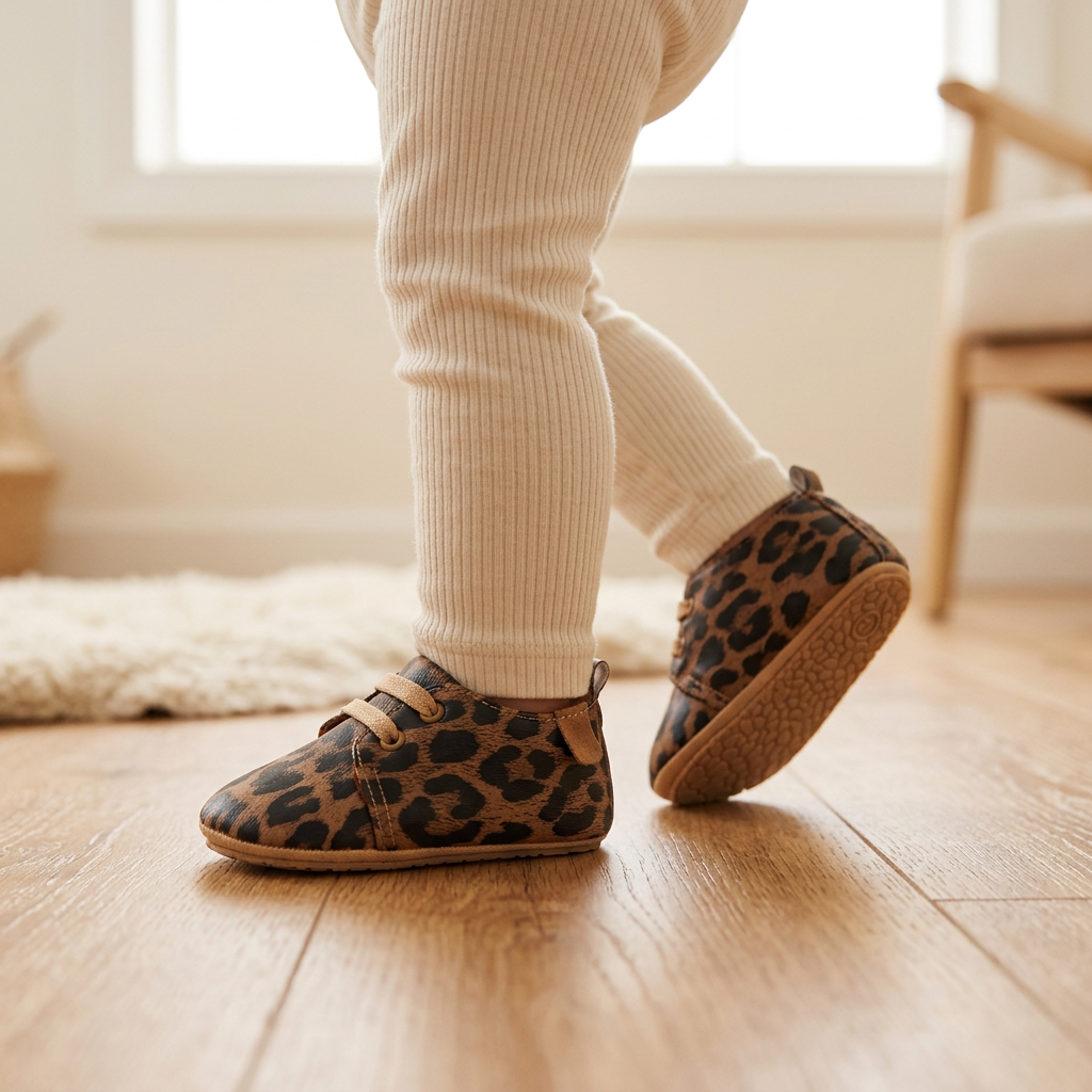 Un bebé da un paso con los zapatos de leopardo