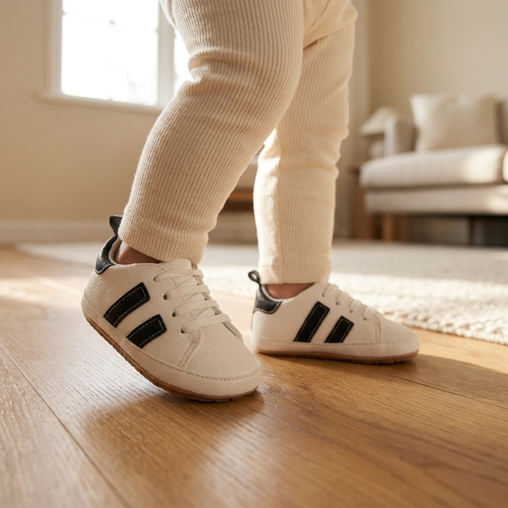 Un bebé da un paso con los zapatos blancos de rayas negras