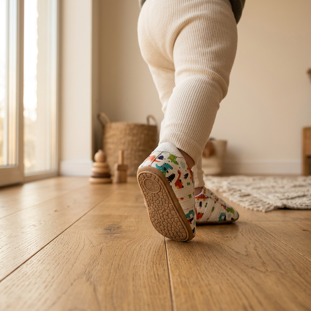 Un bebé da un paso con los zapatos de dinosaurios