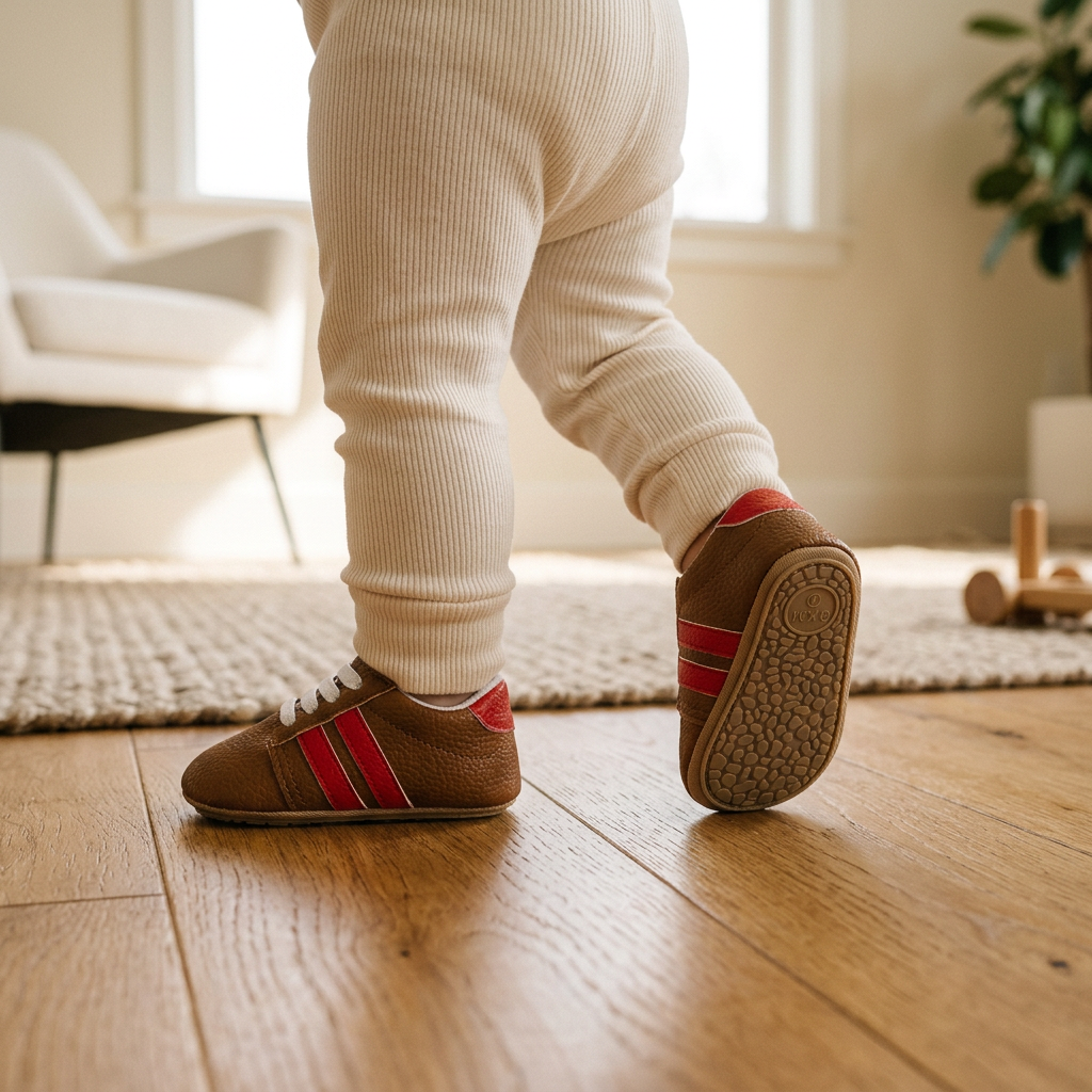 Un bebé da un paso con los zapatos marrón con rayas