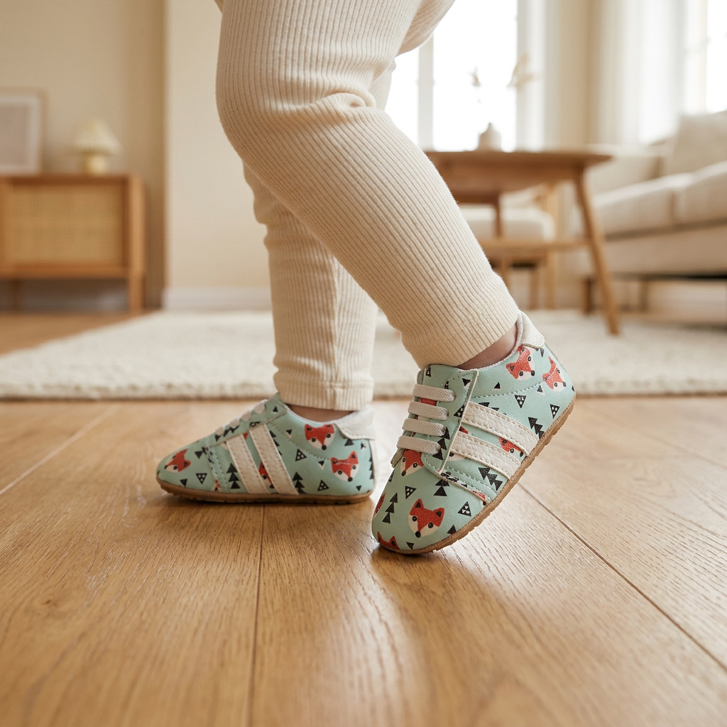 Un bebé da un paso con los zapatos de zorros