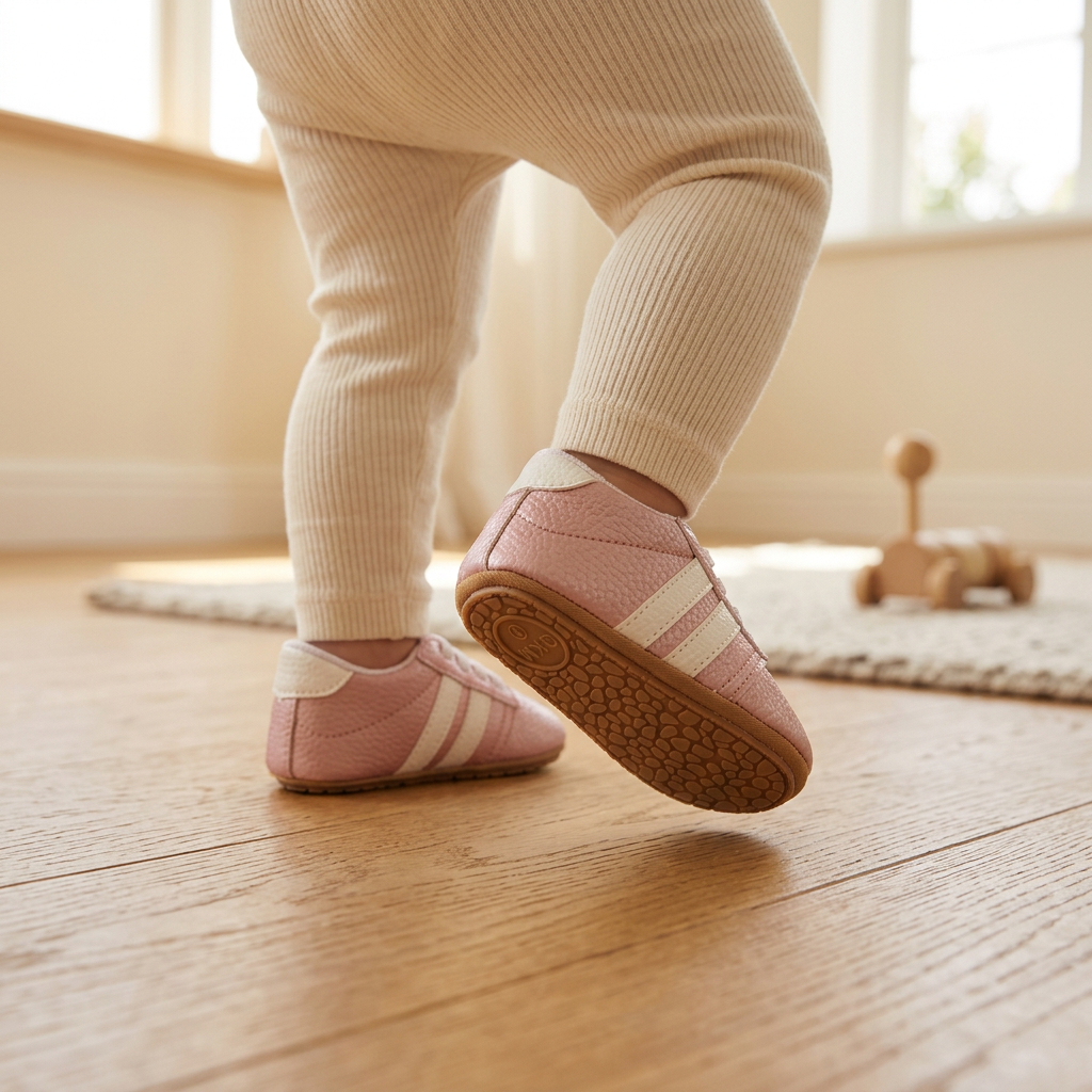Un bebé da un paso con los zapatos rosa con rayas