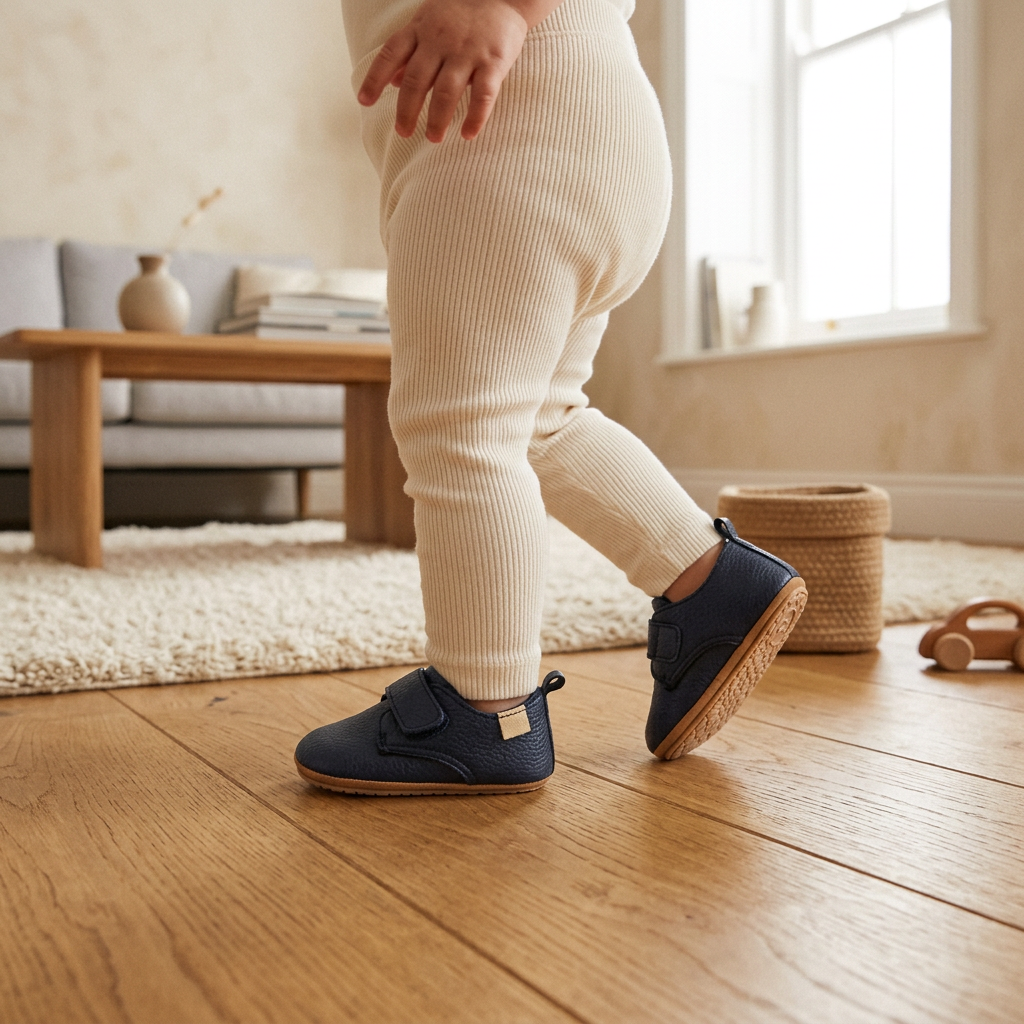 Un bebé da un paso con los zapatos marino con velcro