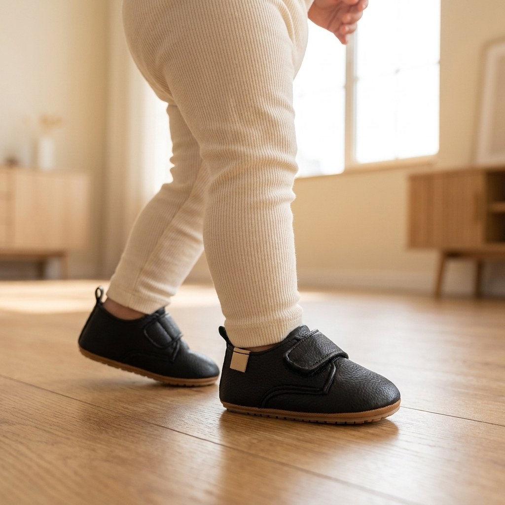 Un bebé da un paso con los zapatos negros con velcro