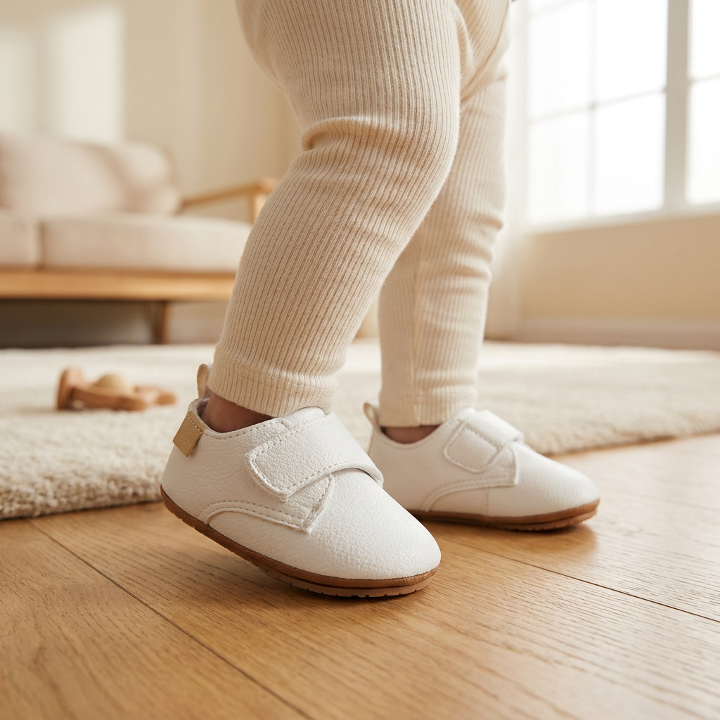 Un bebé da un paso con los zapatos blancos con velcro