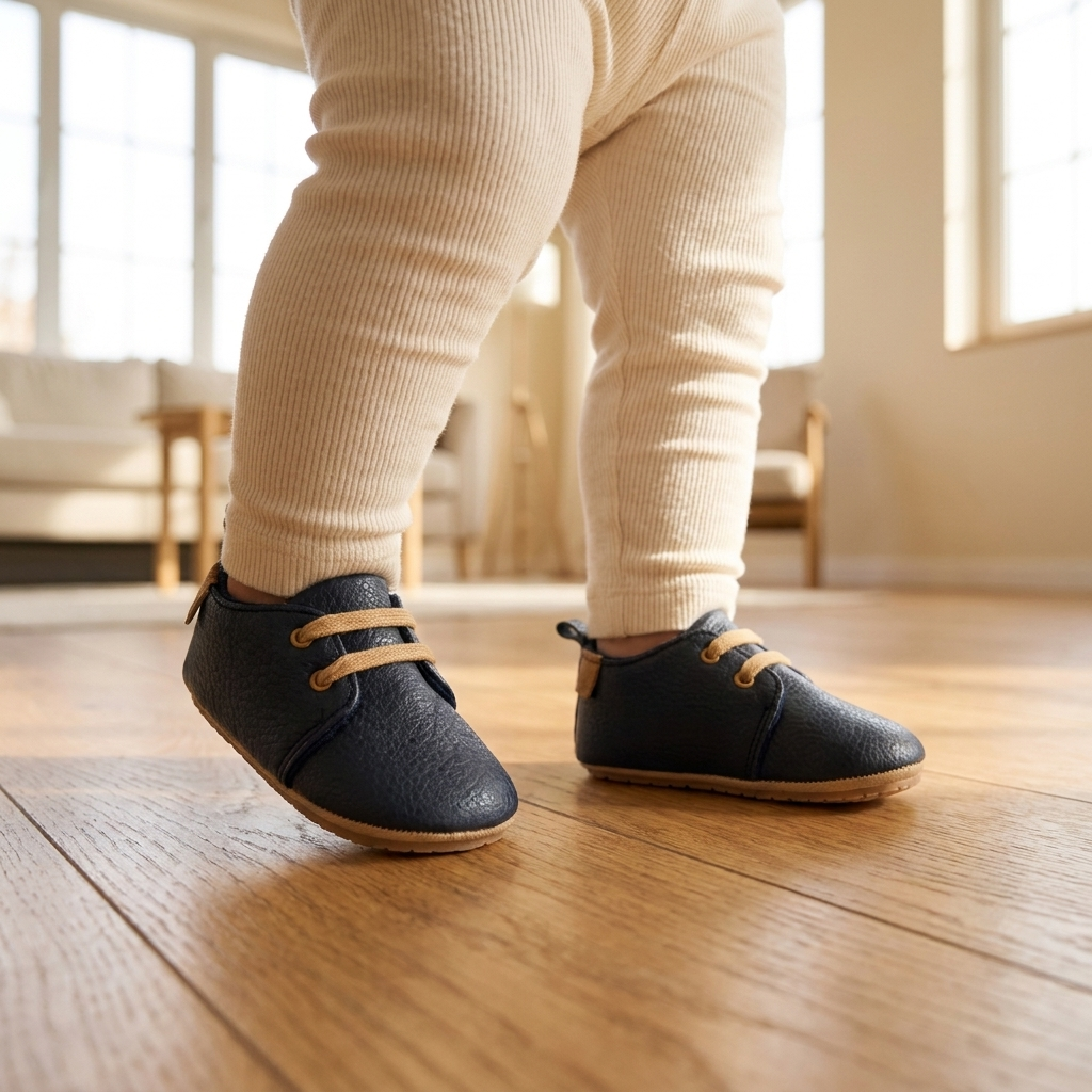 Un bebé da un paso con los zapatos marino con cordones