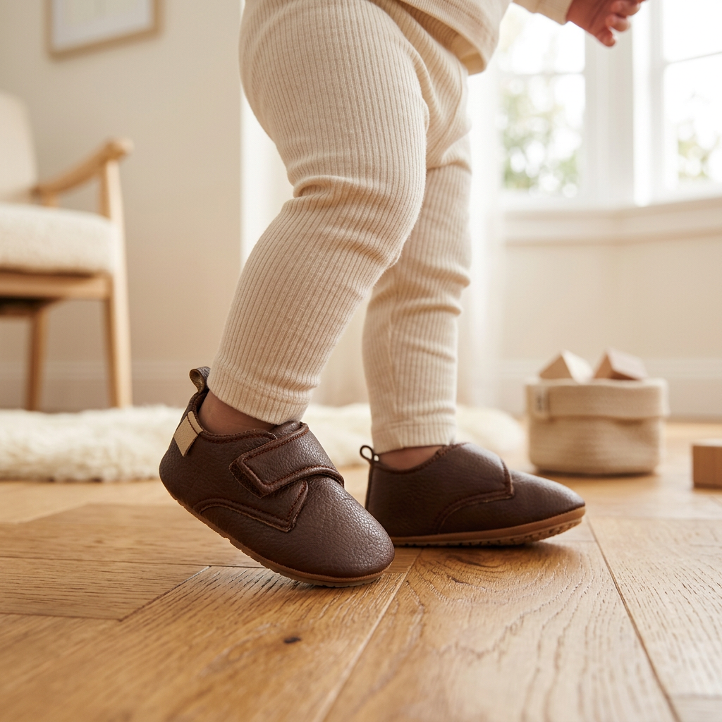 Un bebé da un paso con los zapatos marrón con velcro