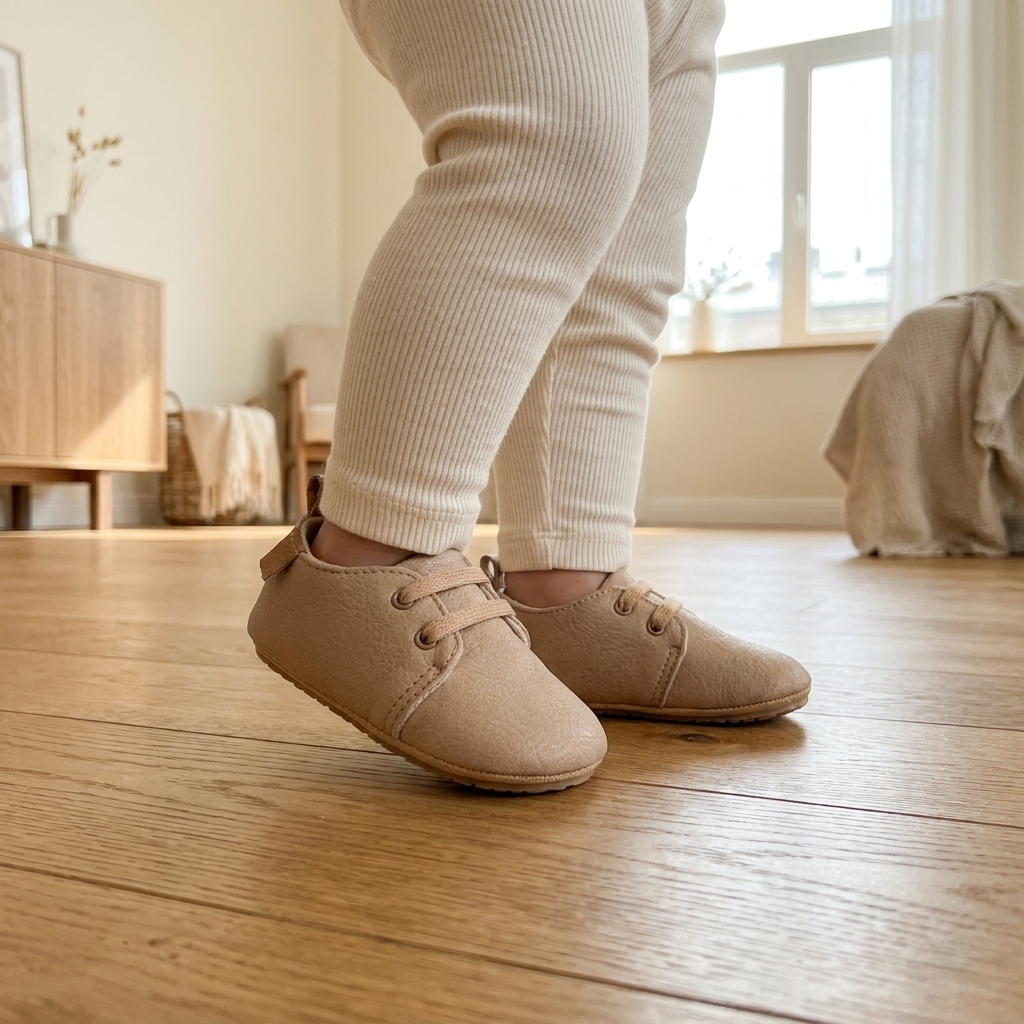 Un bebé da un paso con los zapatos beige con cordones