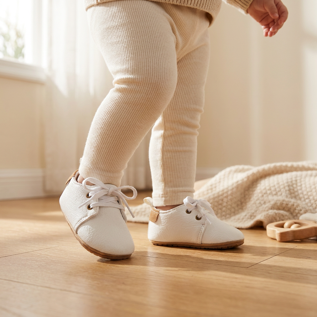 Un bebé da un paso con los zapatos blancos con cordones